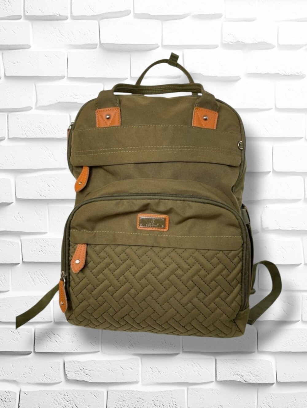 Bobble Roo Army Green Quilted Canvas Backpack | NWT | Tan Leather Accents